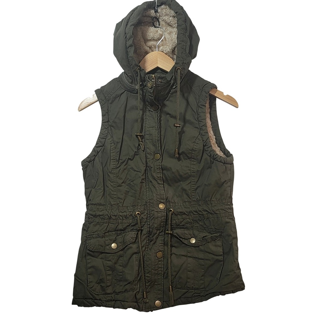 Snobbish‎ Collection Olive Green Sherpa Lined Utility Vest Hooded Womens Medium